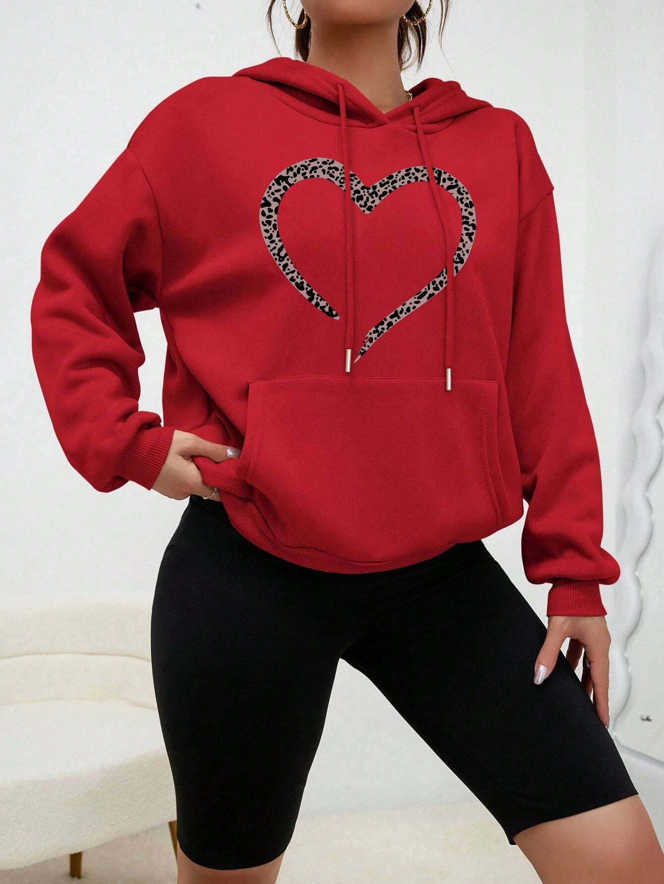 Leopard Print Heart Printed Clothes Women Vintage Pocket Streetwear Hip Hop Autumn Hoodies All-Match Comfortable Female Pullover