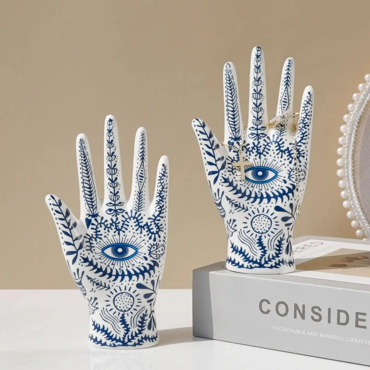 Devil's Eye of Fatima Jewelry Display Holde Ceramic Mannequin Hand Stand Designed for Necklaces, Bracelets, Rings