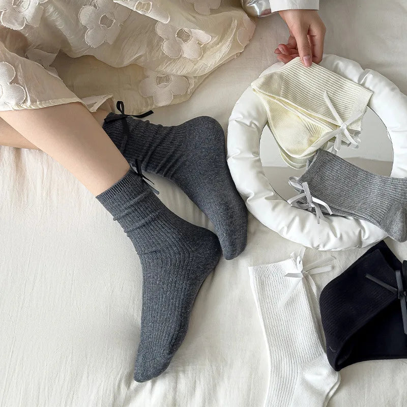 Japanese JK Sweet Bowknot Tied Middle Tube Socks Women Heel Bow Socks Casual Black White Pile Socks Girls Sports Cotton Socks