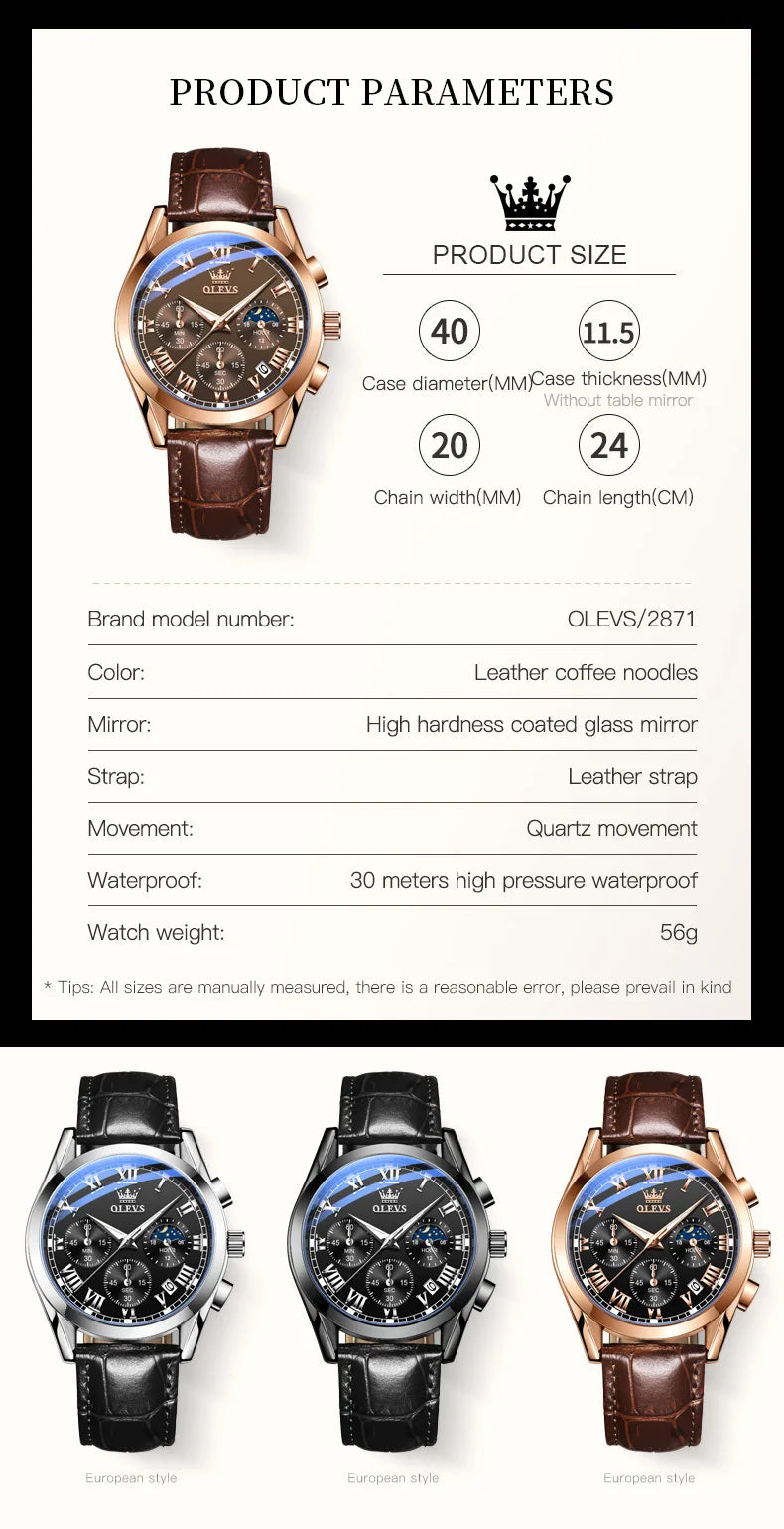 OLEVS Brand Men's Watches Chronograph Waterproof Calendar Quartz Male Watch Sports Leather strap Stainless steel Luxury Original