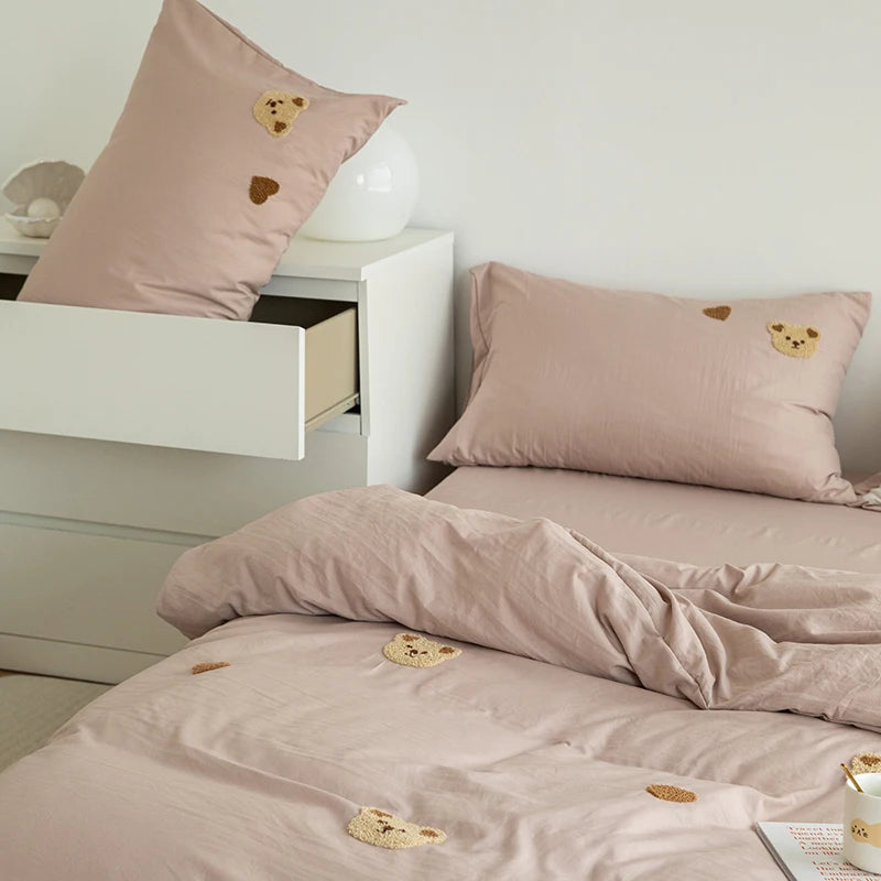 3PCS Baby Boys Bedding Set Bear Embroidered Cot Crib Bedding Set Cotton Korean Baby Bedding Duvet Cover+ Sheet+Pillowcase
