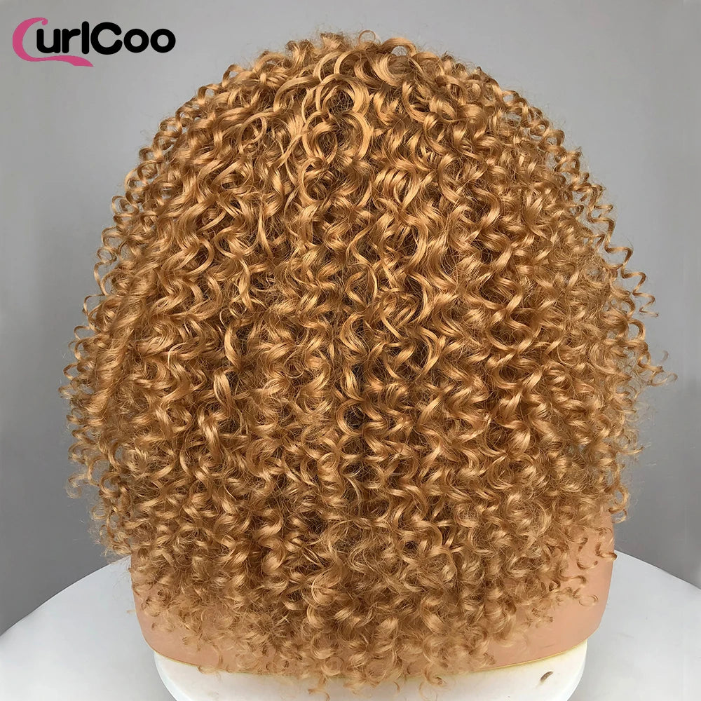 CurlyCoo Synthetic Curly Lace Front Wigs For Black Women Short Kinky Curly Bob Wig Ombre Natural Water Wave Cosplay Wig