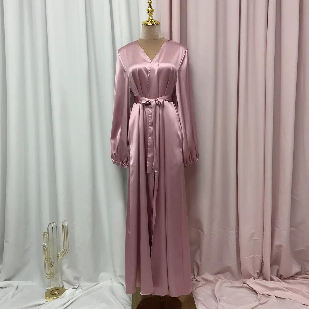 Ramadan Eid Fashion Silky Satin Muslim Abayas Robe Musulmane Abaya Cardigan Muslim Arab Worship Service Clothing Wy836