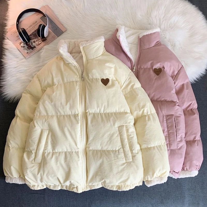 JMPRS Cute Embroidery Women Parkas Coat Winter Thick Hairy Korean Loose Warm Jacket Double Sided Design Pink Student Clothes