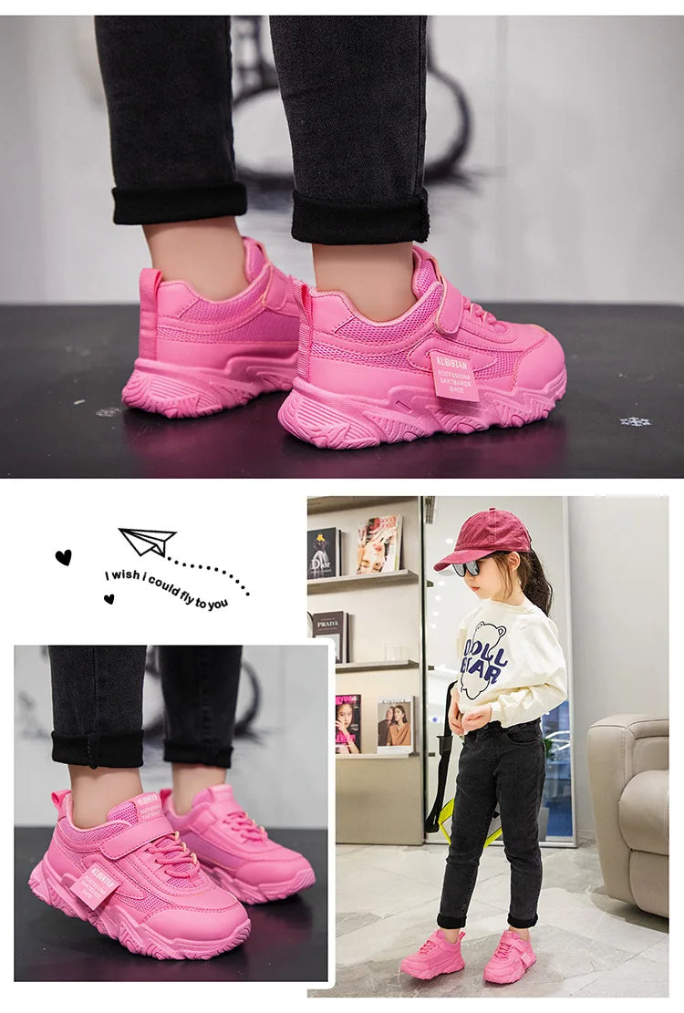 Spring New Kids Sneakers 2023 PU Girls Casual Mesh Solid Pink Light Boys White Hook & Loop Children Non-slip Sports Shoe Fashion