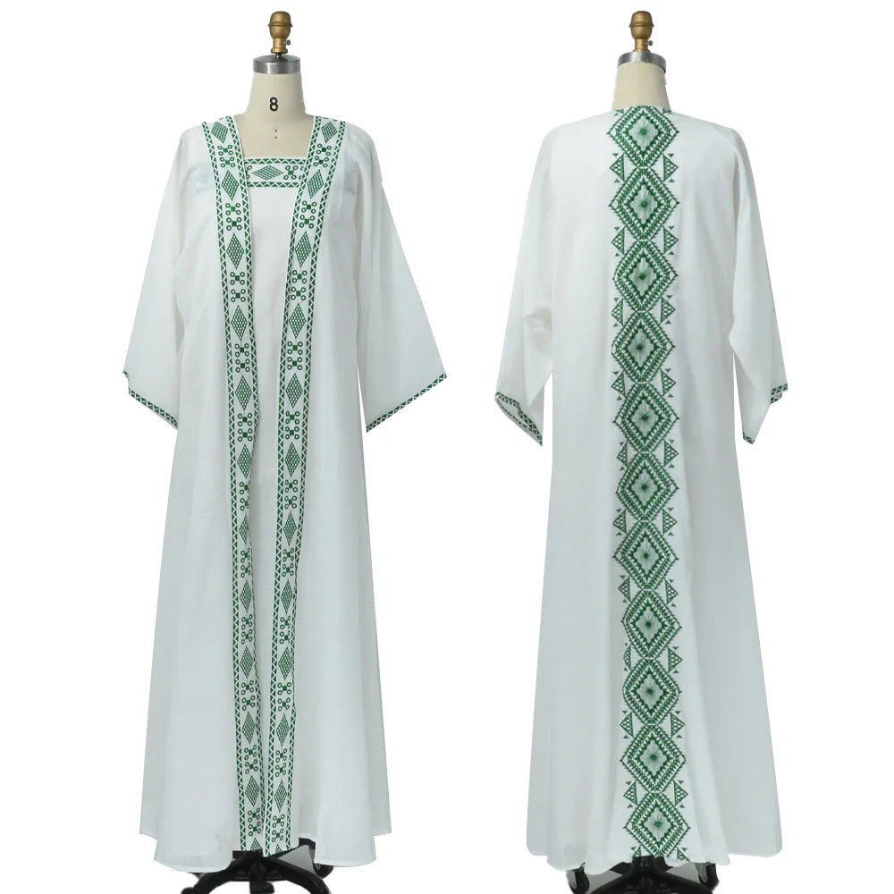 Elegant Embroidery Muslim Dress Ramadan Gurban Dubai Arab Two Piece Set Middle East Turkey Slash-Neck Fashion Abaya Clothing