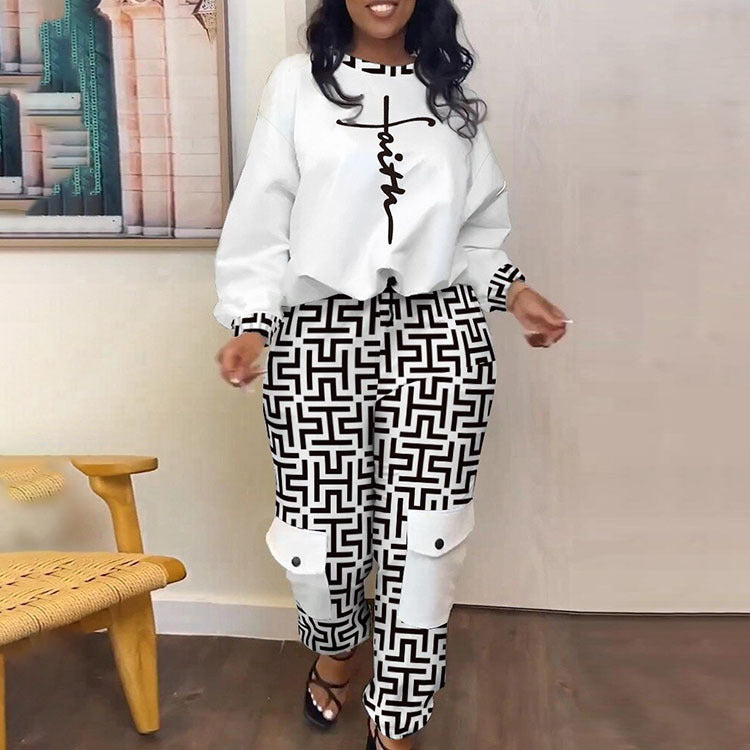Sets Outifits 2023 Autumn Geometry Print Casual Top & Pocket Design Pants Set of Two Fashion Pieces for Women Tracksuits Female