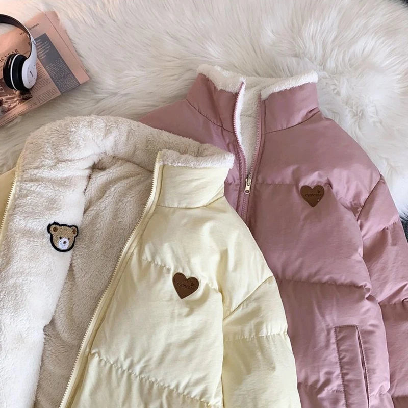 JMPRS Cute Embroidery Women Parkas Coat Winter Thick Hairy Korean Loose Warm Jacket Double Sided Design Pink Student Clothes