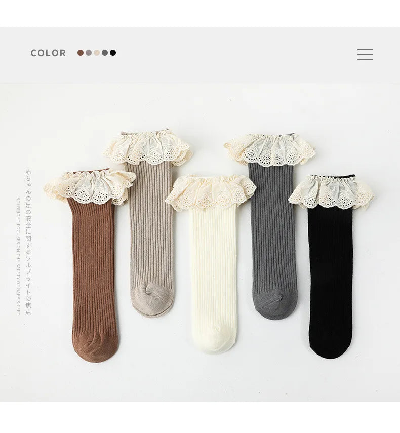 Baby Girls Knee High Socks Long Kids Soft Cotton Lace Stuff Princess Children Sock Ruffle Leg Warmers Cute Girl Socks For 0-8 Y
