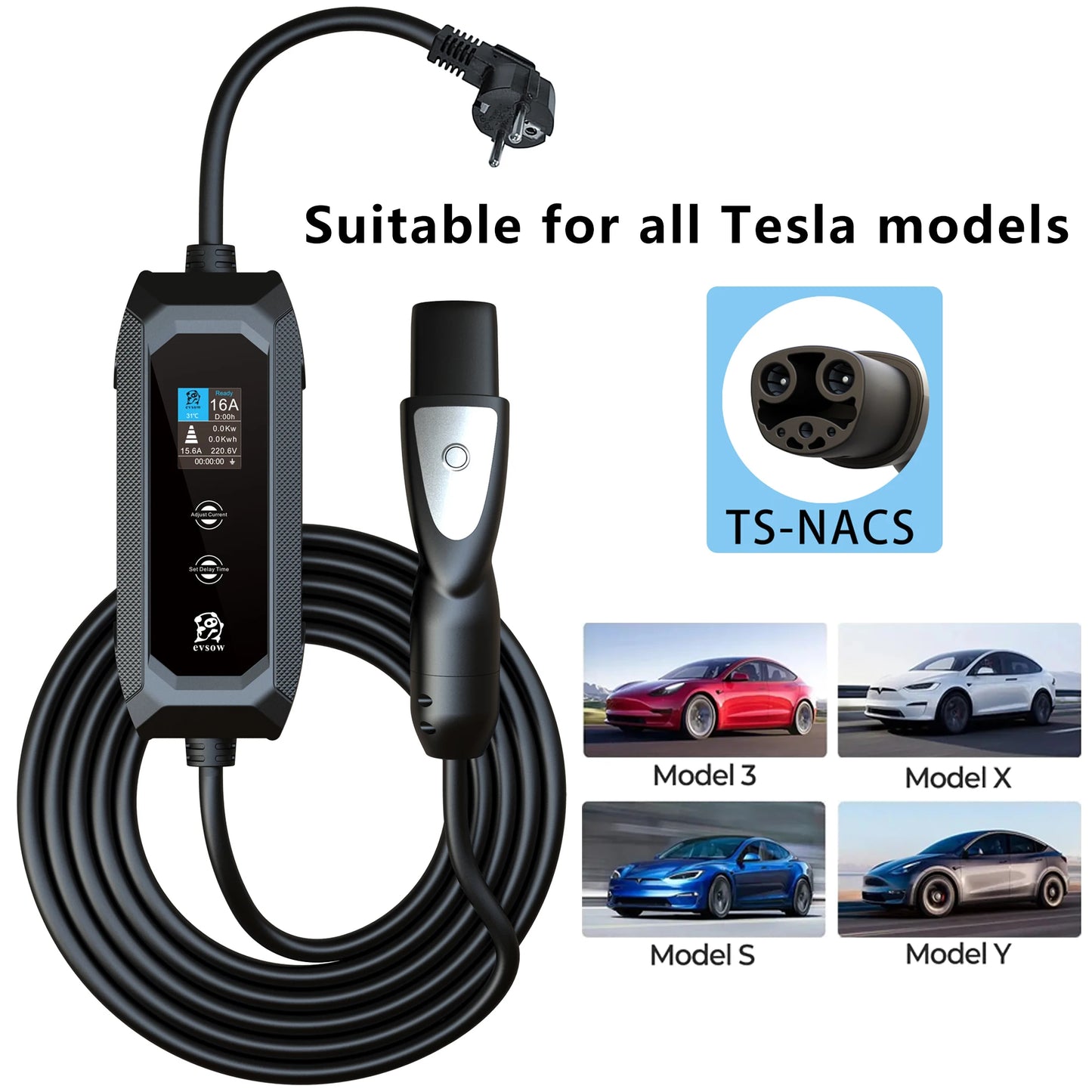 evsow Portable EV Charger TS-NACS 16A 3.5KW Electric Car Charger NACS Fast Charging Cable EVSE Charging Box For NACS Charger