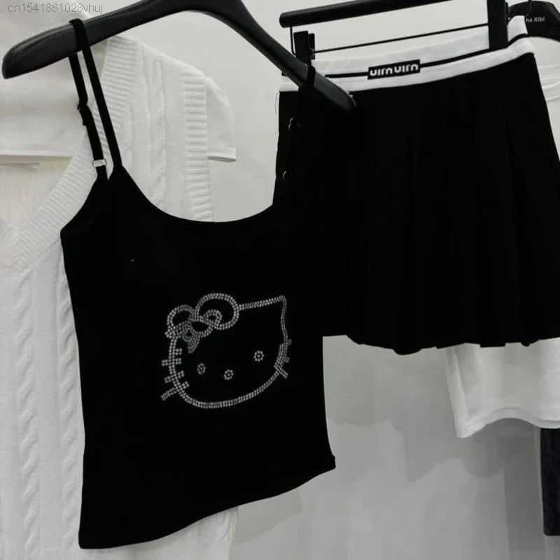 Sanrio Hello Kitty Diamond Tank Top With Bra Sexy Fashion Gothic Aesthetic Crop Top Y 2k Girls New Summer Youthful Woman Clothes
