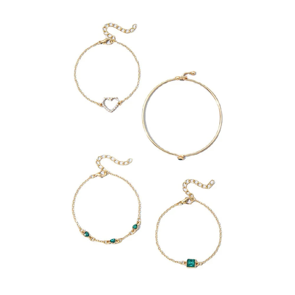 4Pcs Set Fashion Square Emerald Heart Bracelets for Women Charm Zircon Gold Color Bangles Wedding Bride Jewelry Accessories Gift