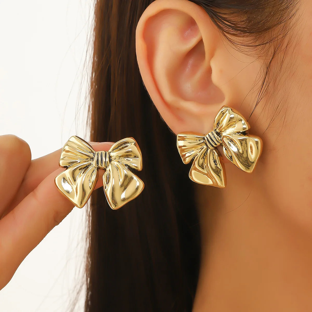 1 Pair Stainless Steel Metal Ribbon Bow Stud Earrings for Women Girls18K Gold Plated Cute Statement Piercing Jewelry Set Gift