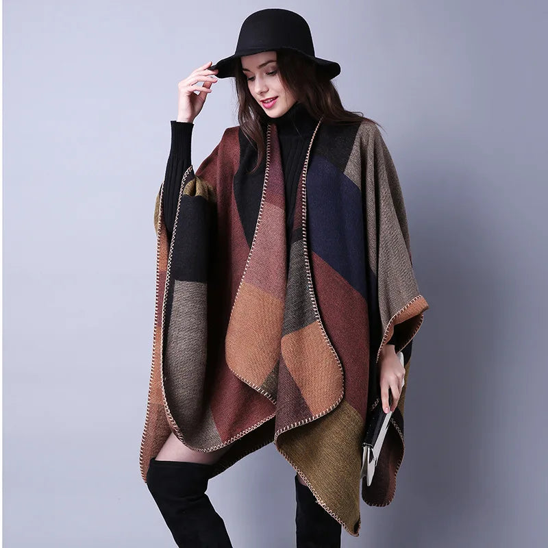 Thicken Winter Shawl Wraps Cape Women Fall Ponchos Plus Size Block Plaid Open Front Sweater Fleece Scarf Coat Holiday Outfits