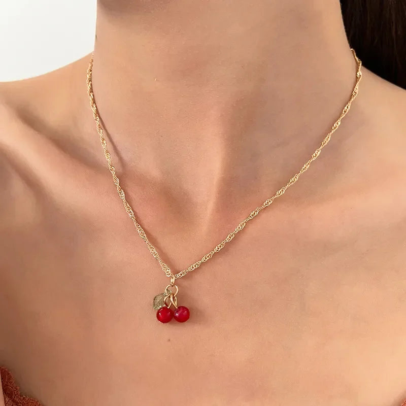 Exquisite Cherry Red Necklace And Earring Set For Women Fashionable Personalized Daily Accessory Party Jewelry Birthday Gifts