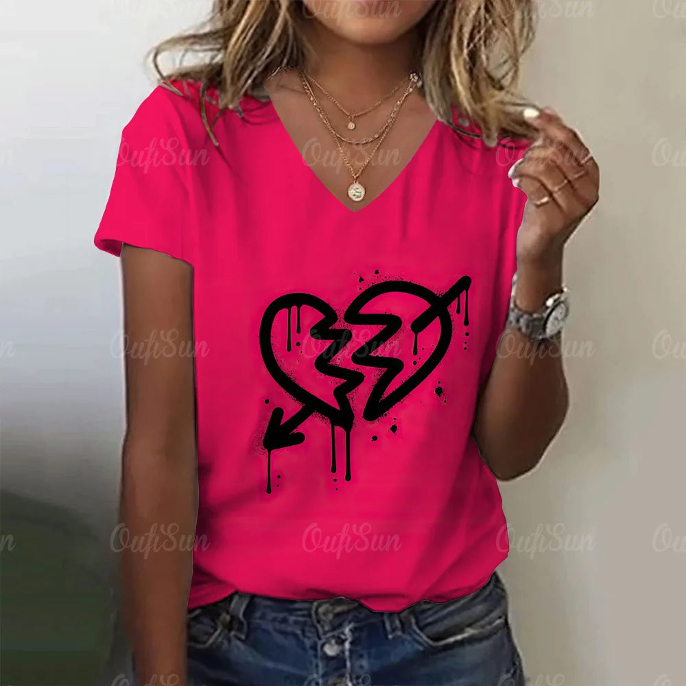 Fashion Women's T Shirt Love Print V-neck Female Short Sleeve Harajuku Tops Ladies T-shirts Oversized Tee Shirt Women Clothing