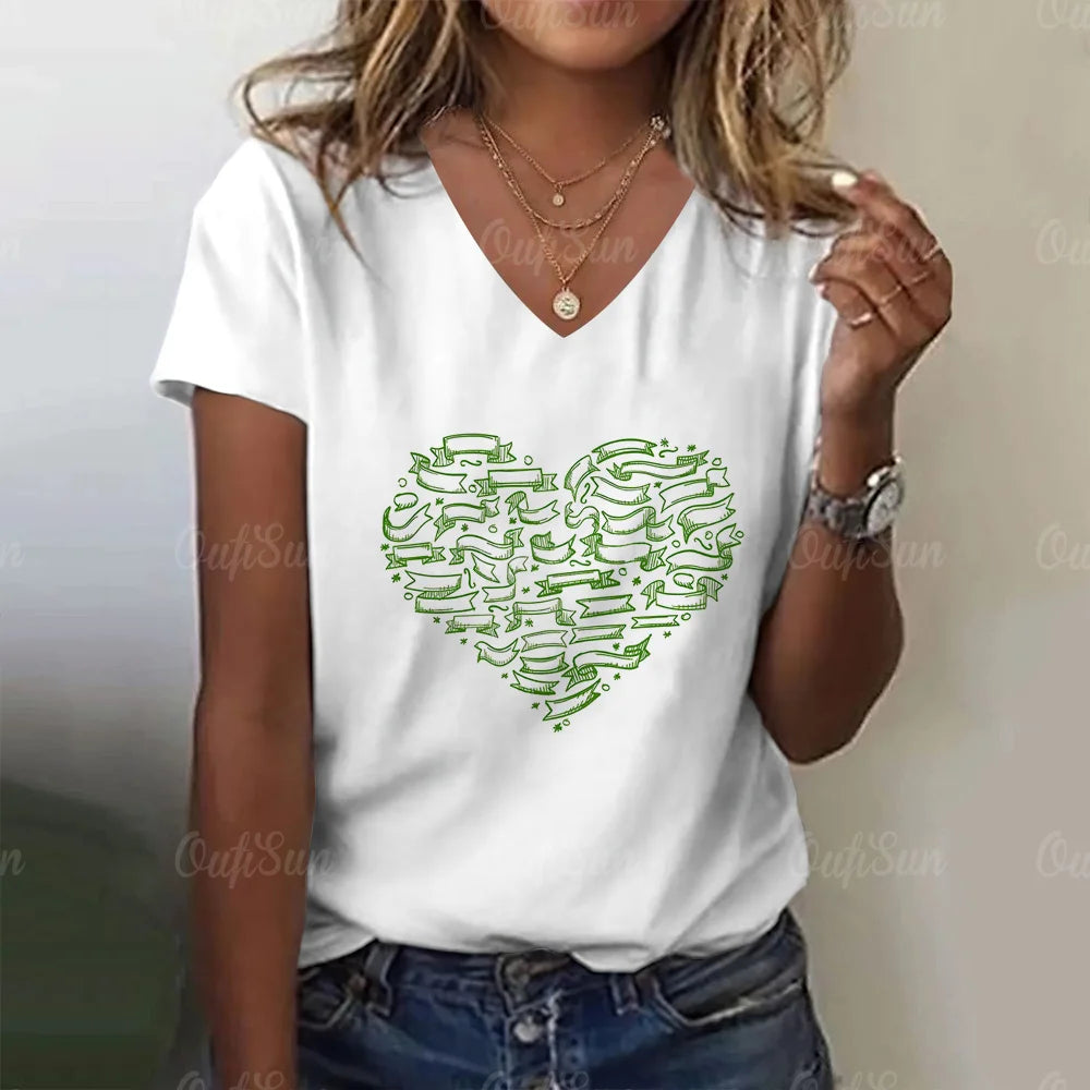 Fashion Women's T Shirt Love Print V-neck Female Short Sleeve Harajuku Tops Ladies T-shirts Oversized Tee Shirt Women Clothing