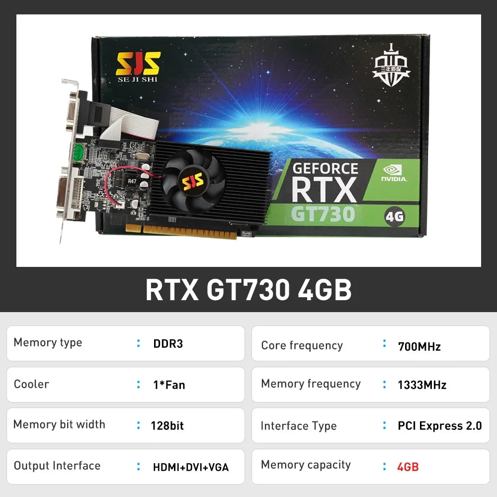 SEJISHI Video Card GeForce GT730 Display Vga Cards 2GB 4GB DDR3 128Bit Computer Graphics Card NVIDIA Game PC GT 730 HDMI DVI