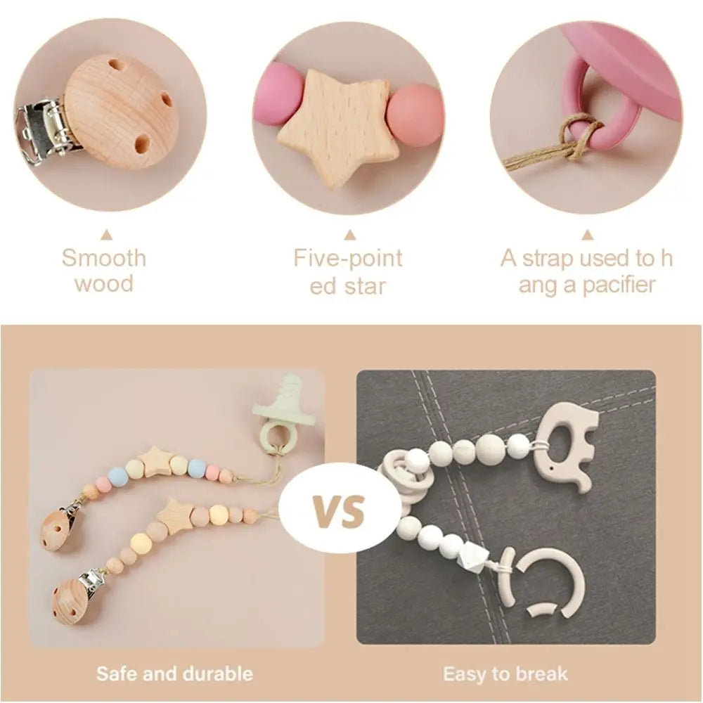 Dummy Clips Pacifier Holder Clips Star Wood Baby Pacifier Chain Nipple Holder Clips Soother Holder Baby Teether Toys Straps DIY