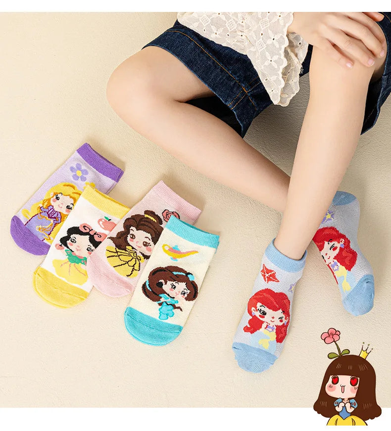 5 Pairs Disney Kids Socks Mesh Breathable Ice Thin Socks Summer Kawaii Cartoon Childrens Mid-calf Cotton Sock for Girls
