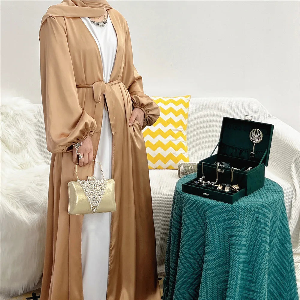 Ramadan Eid Fashion Silky Satin Muslim Abayas Robe Musulmane Abaya Cardigan Muslim Arab Worship Service Clothing Wy836