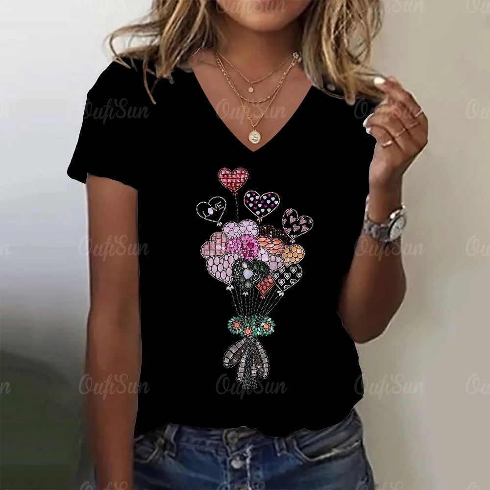Fashion Women's T Shirt Love Print V-neck Female Short Sleeve Harajuku Tops Ladies T-shirts Oversized Tee Shirt Women Clothing