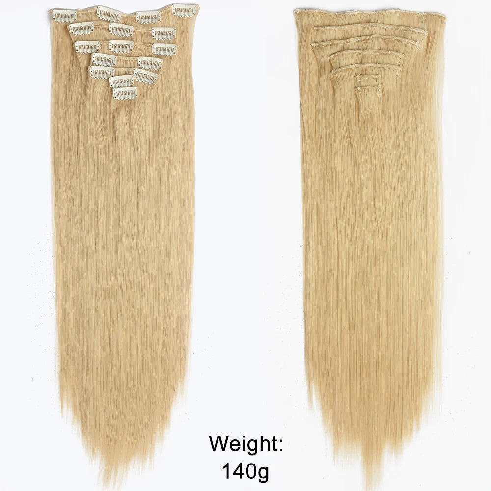 Long Straight Hairstyle 16 Clips 7Pcs/Set Hair Extensions Natural Synthetic Blonde Black Hairpieces Heat Resistant For Women