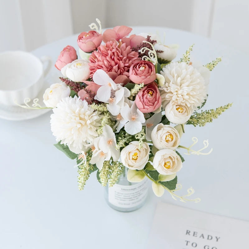 Artificial Hydrangea Flowers for Scrapbook Silk Tea Rose buds Vase for Home Decor Wedding Bouquet DIY A Cap Christmas Garland