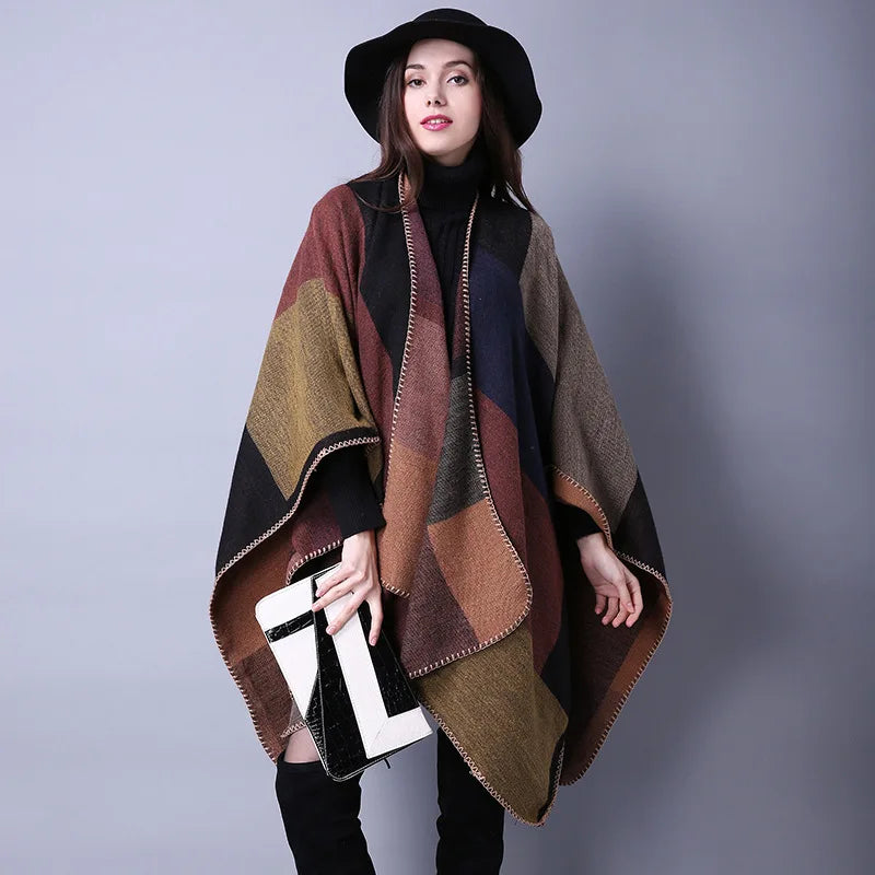 Thicken Winter Shawl Wraps Cape Women Fall Ponchos Plus Size Block Plaid Open Front Sweater Fleece Scarf Coat Holiday Outfits