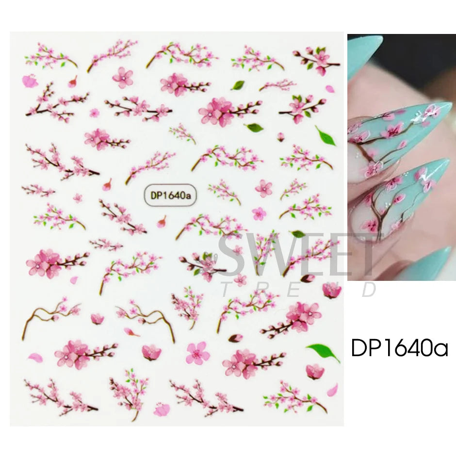 5D Pink Cherry Blossoms Sakura Nails Sticker Flower Vine Spring Nail Art Design Adhesive Sliders Elegant Manicure Decor Decals