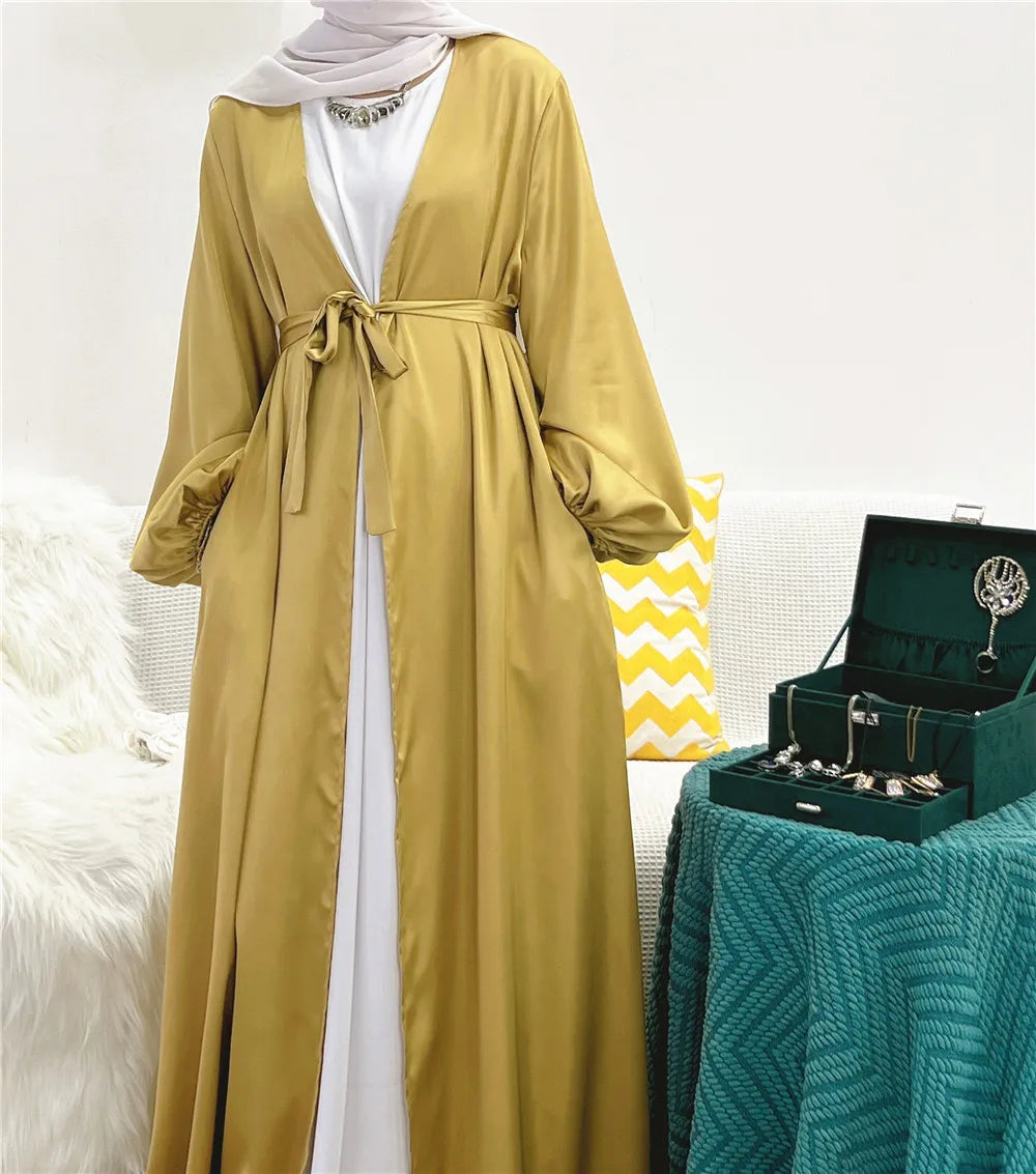 Ramadan Eid Fashion Silky Satin Muslim Abayas Robe Musulmane Abaya Cardigan Muslim Arab Worship Service Clothing Wy836