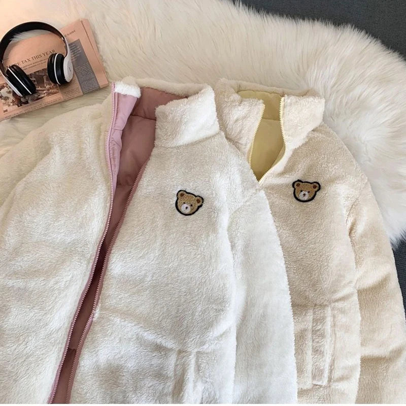 JMPRS Cute Embroidery Women Parkas Coat Winter Thick Hairy Korean Loose Warm Jacket Double Sided Design Pink Student Clothes