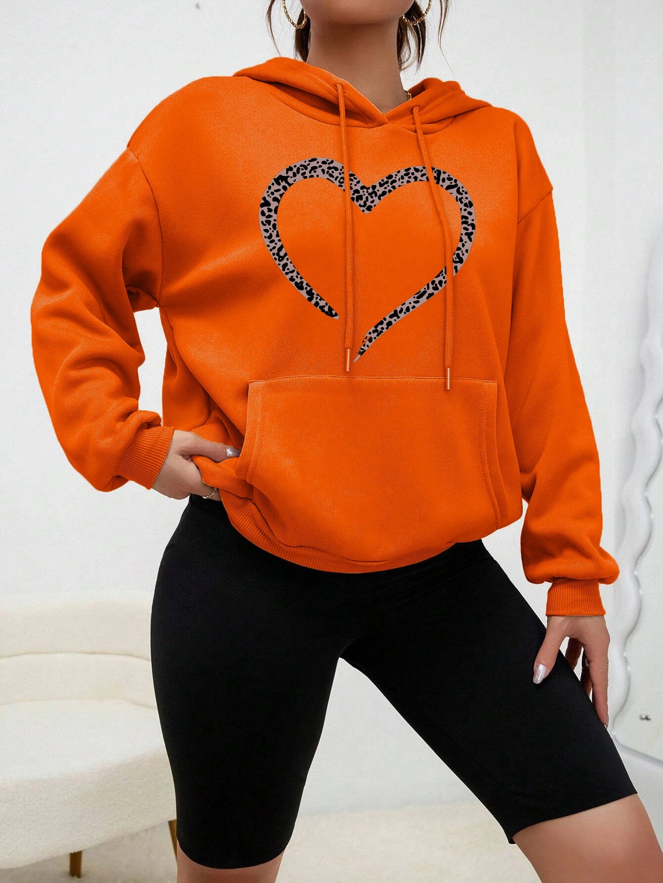 Leopard Print Heart Printed Clothes Women Vintage Pocket Streetwear Hip Hop Autumn Hoodies All-Match Comfortable Female Pullover