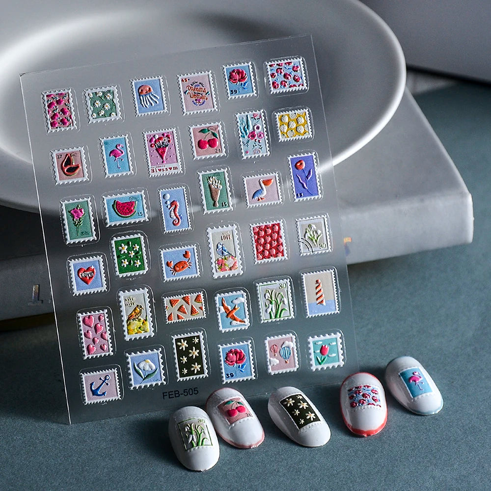 Post Stamp Design Nail Sticker Adhesive Sliders Textured Engraved Decoration Supplies FEB-505