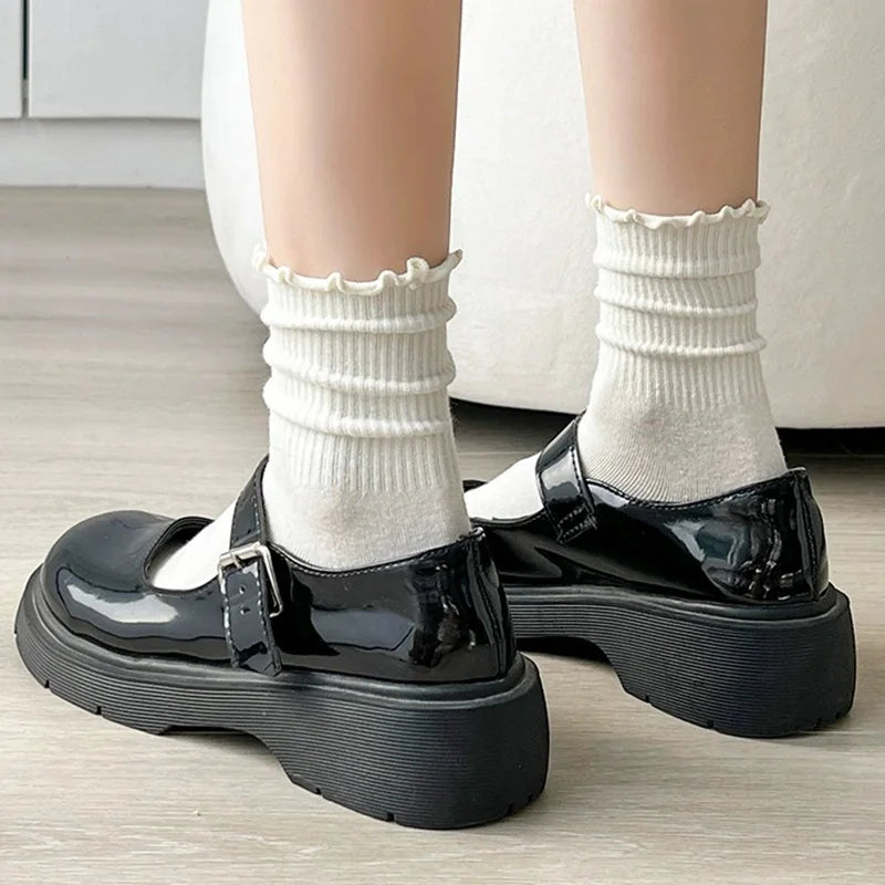 Ruffle Socks for Women 3pair /Lot Mid Crew Middles Tube Ankle High Breathable Black White Calcetines Female Spring Autumn Sock