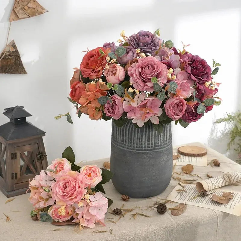 Retro Hydrangea Core Fake Peony Bouquet Simulation Wholesale Wedding Staircase Decorative Artificial Flowers Silk Flowers
