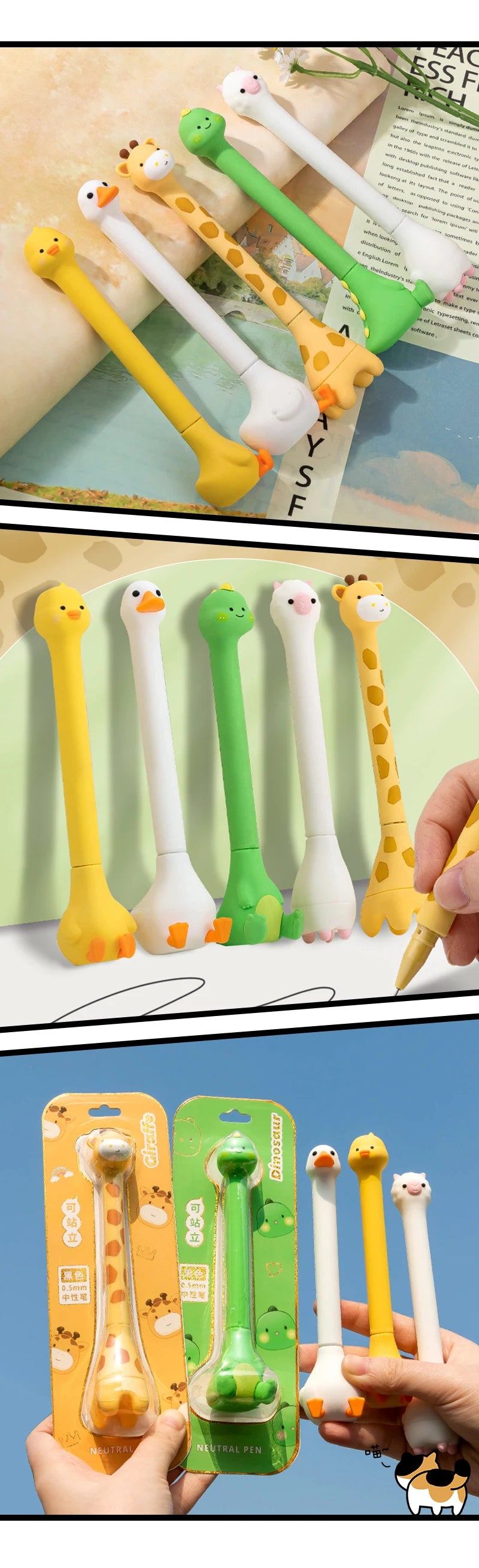 Creative Cartoon Animal Standing Gel Pen 0.5mm Black Gel Ink Pens Cute Giraffe Duck Student Quick Dry Writing Pen Kids Gift