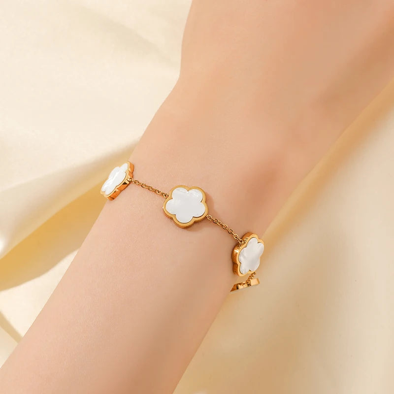 GANEMLY 316L Stainless Steel Black Five Leaf Clover Bracelets For Women New Trendy Waterproof Wrist Chain Jewelry Girls Gift
