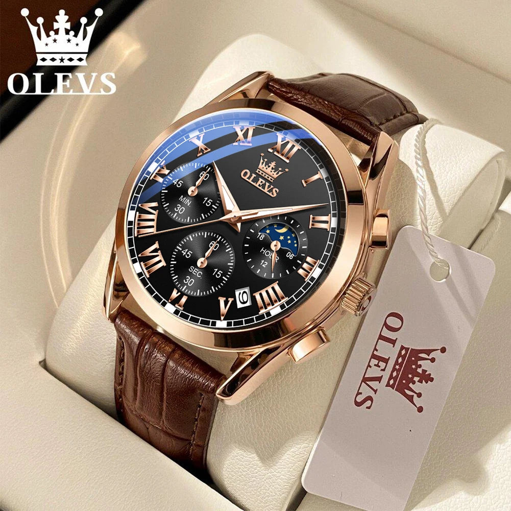 OLEVS Brand Men's Watches Chronograph Waterproof Calendar Quartz Male Watch Sports Leather strap Stainless steel Luxury Original