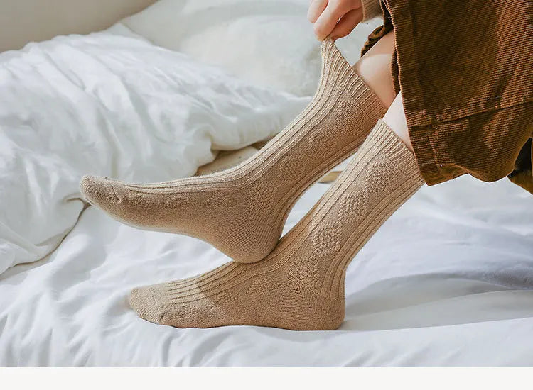 Autumn and Winter Diamond Check Wool Socks Coffee Color with Solid Color Women's Socks in The Tube Women's Warm Cotton Socks