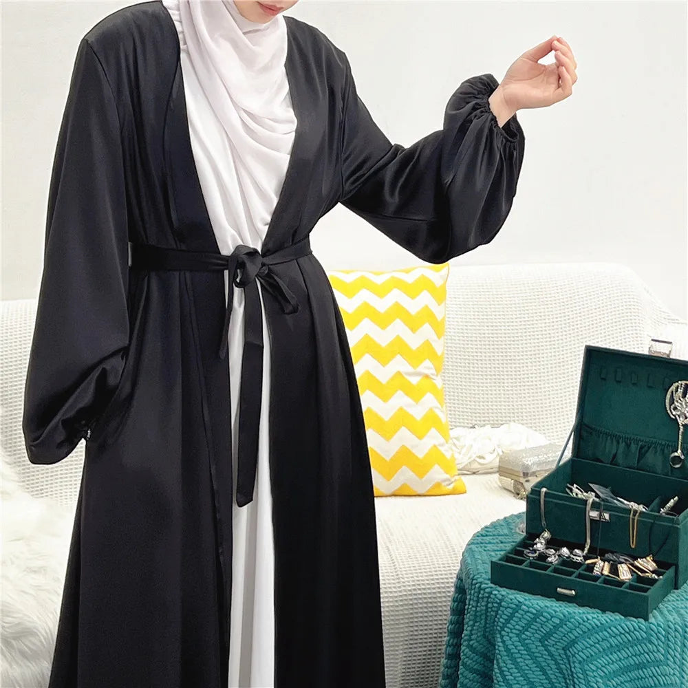 Ramadan Eid Fashion Silky Satin Muslim Abayas Robe Musulmane Abaya Cardigan Muslim Arab Worship Service Clothing Wy836