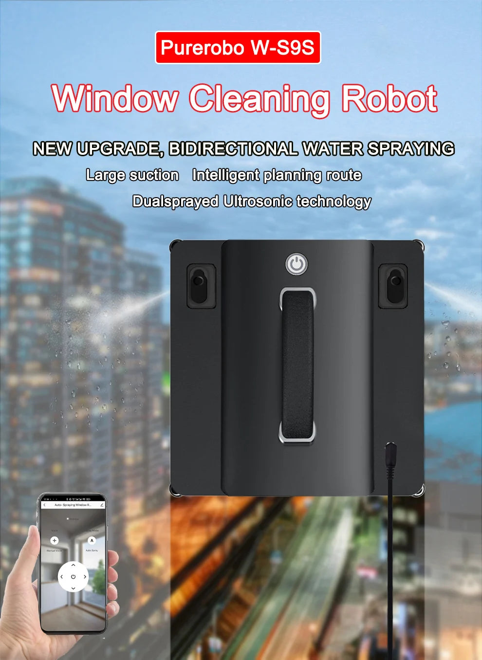 Purerobo W-S9S Window Cleaning Robot Smart APP& Remote Control Automatic Water Spray Clean Glass Electric Vacuum Cleaner Robot