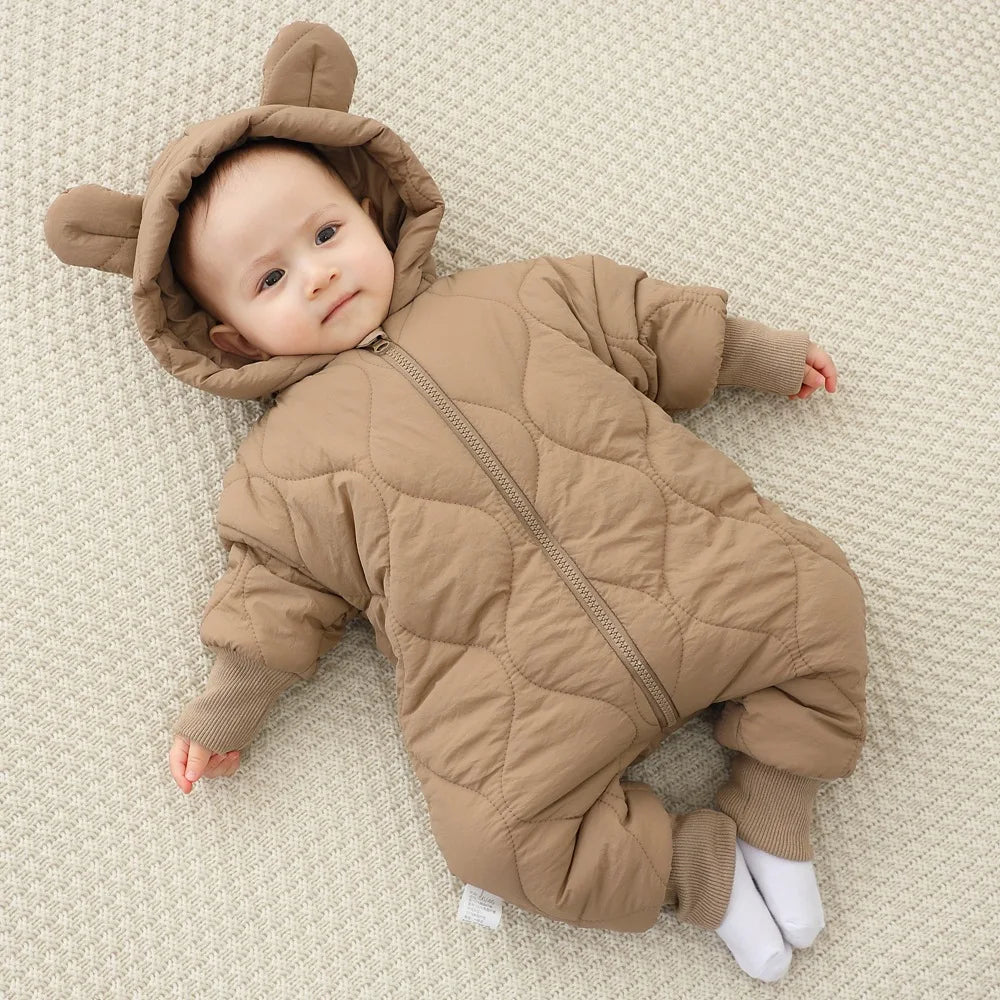 Baby jumpsuit Winter new plush and thick cotton clothes Newborn crawling clothes Baby and children's hooded outdoor clothes