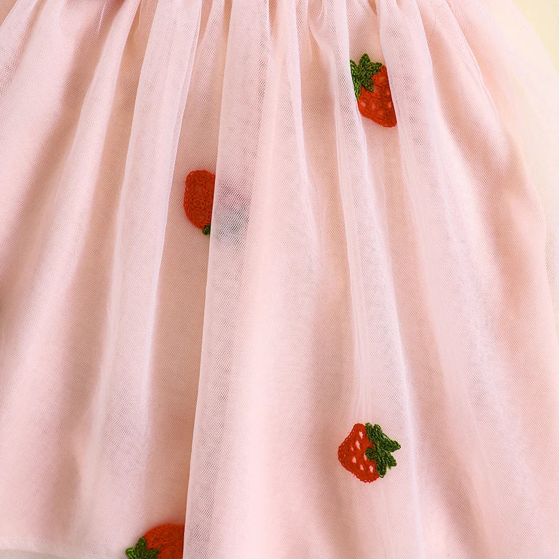 Kids Girls 2-piece Outfit Puff Sleeve Embroidery Strawberry Tulle A-line Dress with Headband Summer Children Dress Outfits