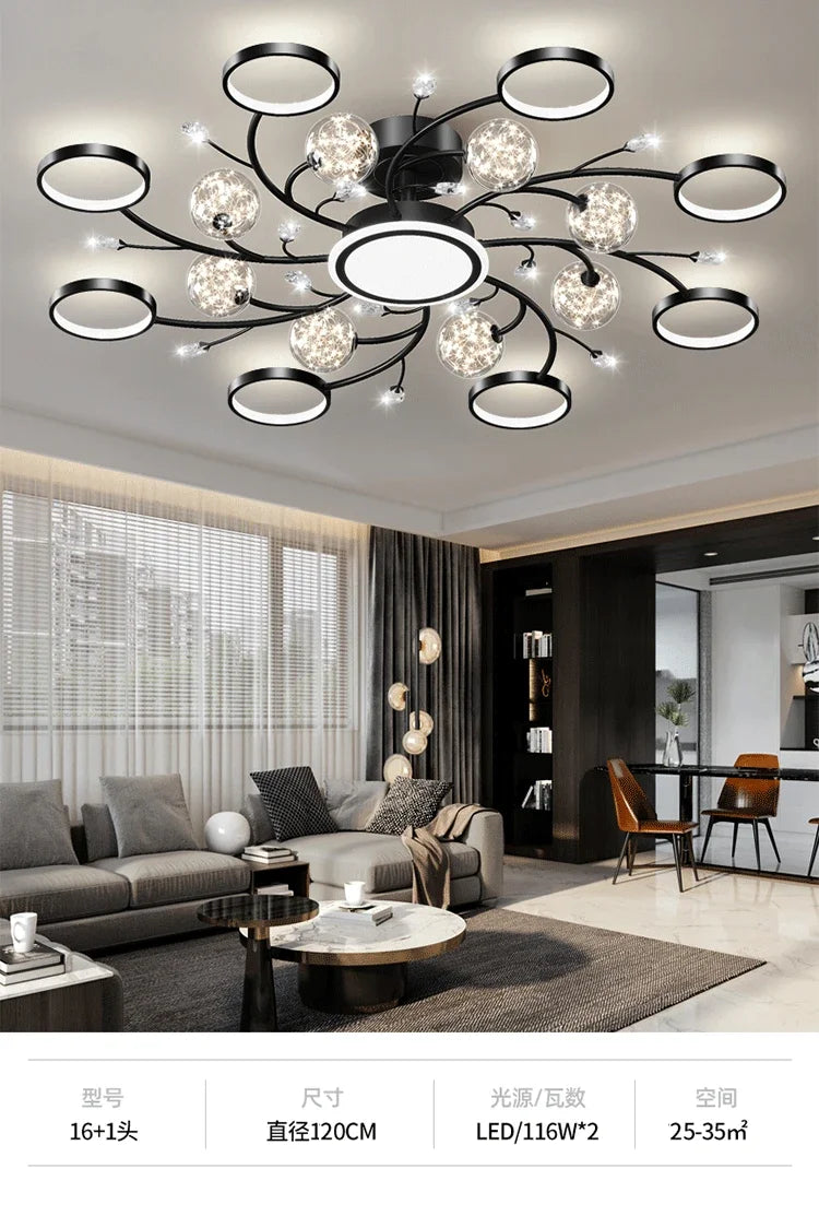 Nordic Living Room Modern Simple Atmospheric Luxury Ceiling Light Romantic Starry Sky Crystal Hall Chandelier Creative Black Art