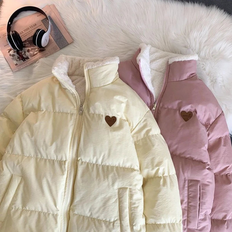 JMPRS Cute Embroidery Women Parkas Coat Winter Thick Hairy Korean Loose Warm Jacket Double Sided Design Pink Student Clothes
