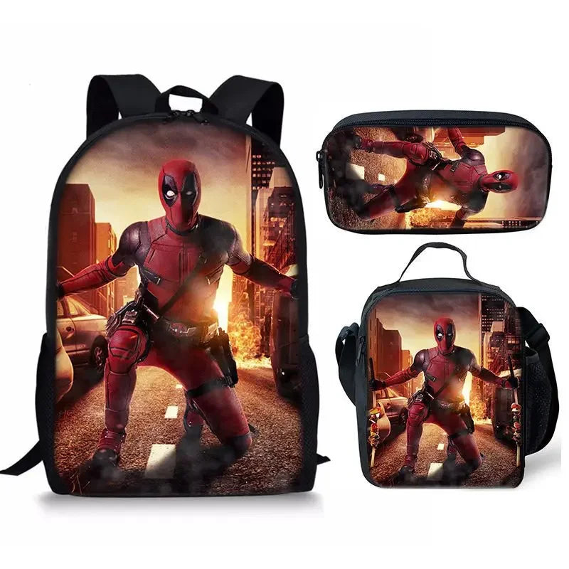 3Pcs Set Deadpools School Bags Pencil Cases Meal Bag Boys' Backpack Schools Supplies Learning Stationery Kids Customizable Gifts