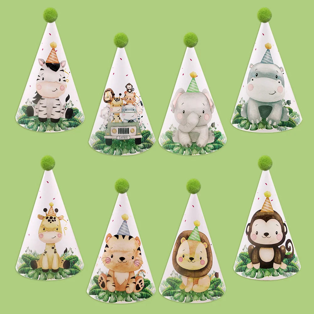 8pcs/set Carton Animal Paper Hat Tiger Lion Party Hats For Kids Jungle Safari Happy Birthday Decoration Baby Shower Supplies