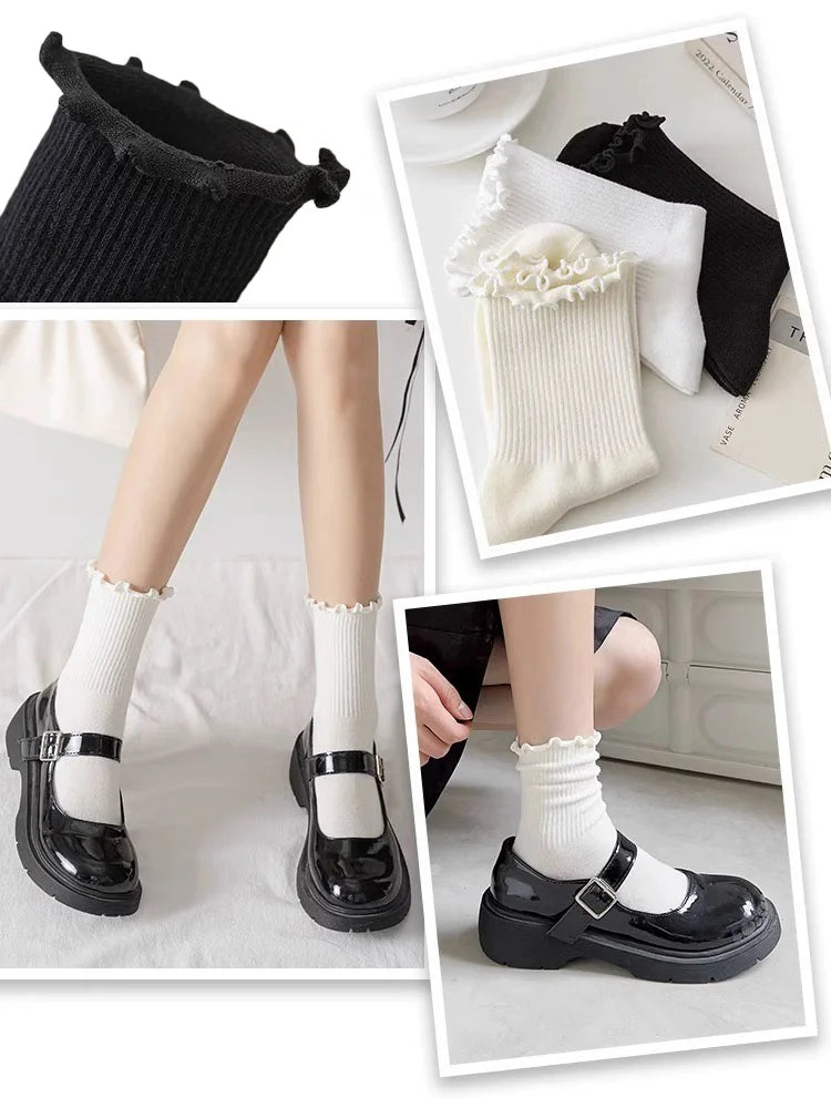 Ruffle Socks for Women 3pair /Lot Mid Crew Middles Tube Ankle High Breathable Black White Calcetines Female Spring Autumn Sock