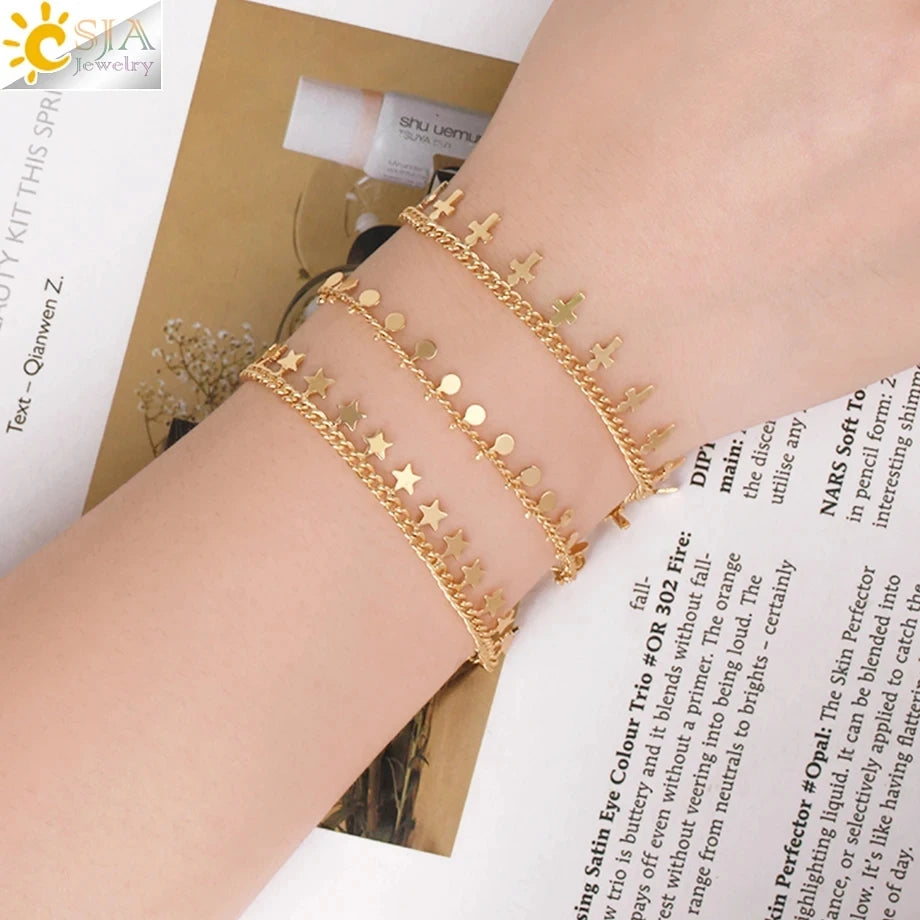 CSJA Fashion Thin Chain Stainless Steel Bracelet for Women Gold Color Cross Charm Enamel Bracelets Summer Jewelry Gift T100